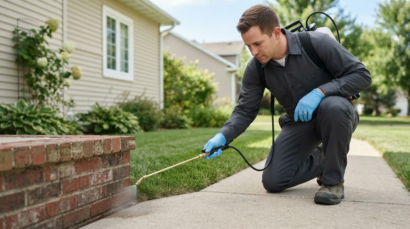 Pest control technician treating a home near Strongstown, PA